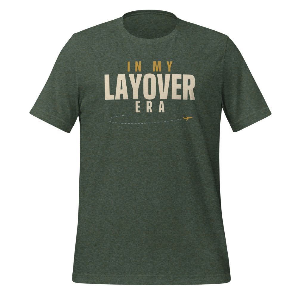 In My Layover Era flight attendant tee — Heather Forest, front