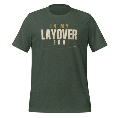 In My Layover Era flight attendant tee — Heather Forest, front