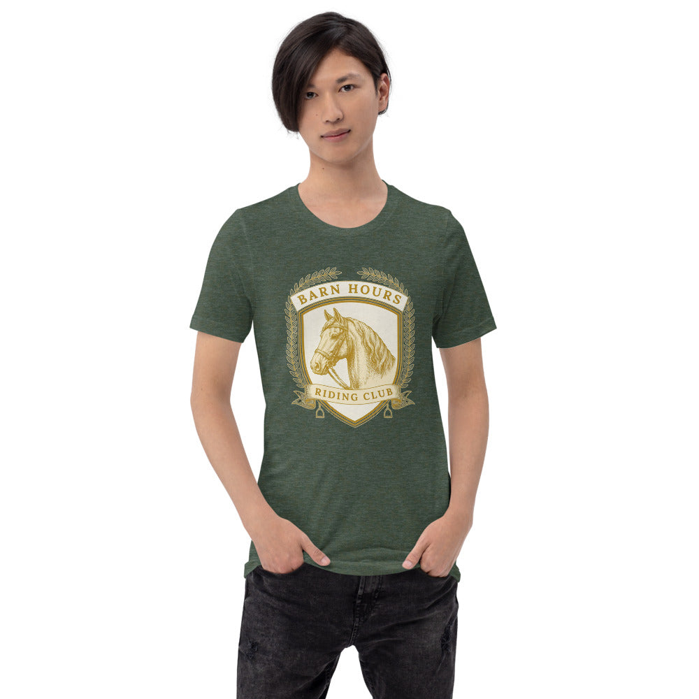 Barn Hours Riding Club vintage equestrian stable crest t-shirt — Heather Forest, on model