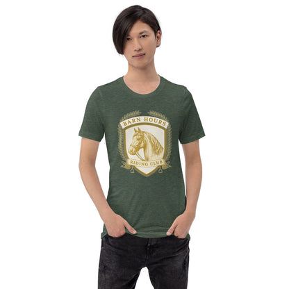 Barn Hours Riding Club vintage equestrian stable crest t-shirt — Heather Forest, on model