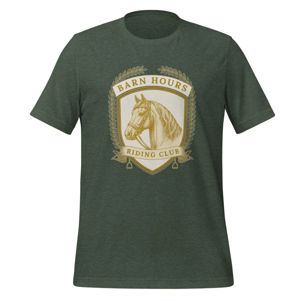 Barn Hours Riding Club vintage equestrian stable crest t-shirt — Heather Forest, front