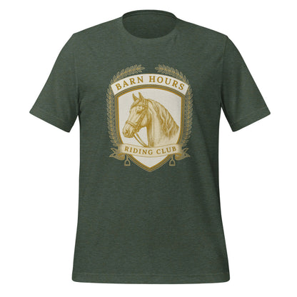 Barn Hours Riding Club vintage equestrian stable crest t-shirt — Heather Forest, front