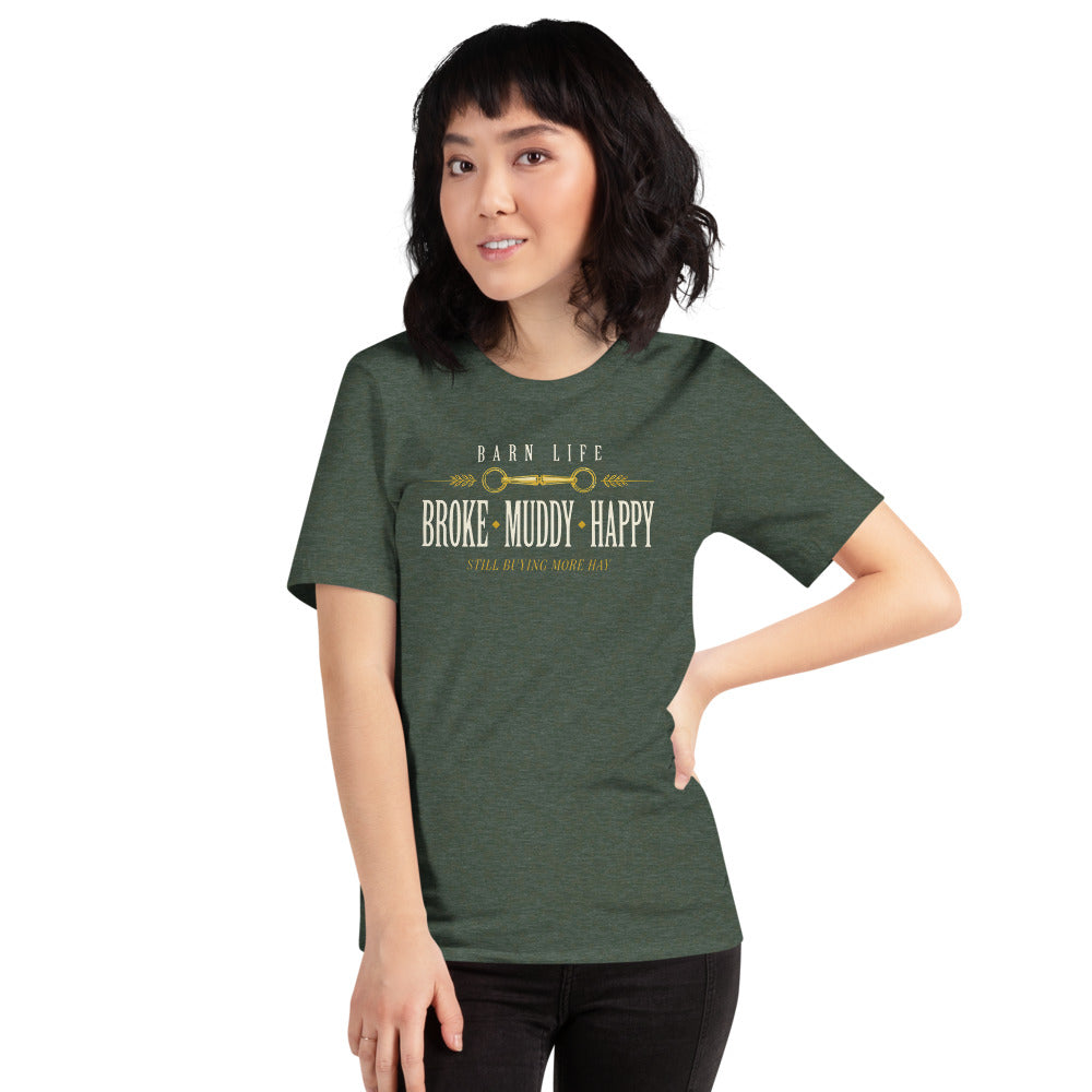 Broke Muddy Happy funny barn life equestrian t-shirt — Heather Forest, on model