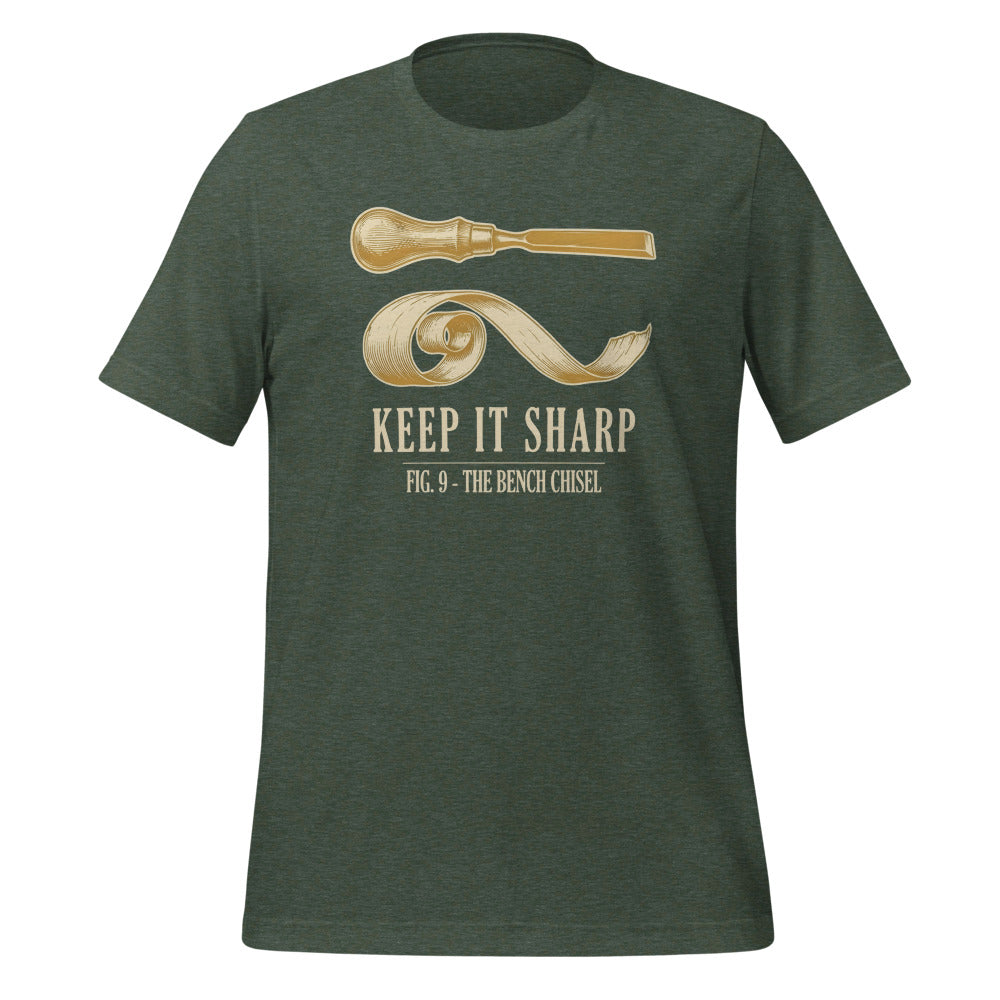 Keep It Sharp woodworking tee — Heather Forest, front