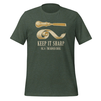 Keep It Sharp woodworking tee — Heather Forest, front