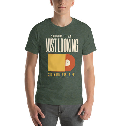 Just Looking Sixty Dollars Later vinyl record tee — Heather Forest, on model