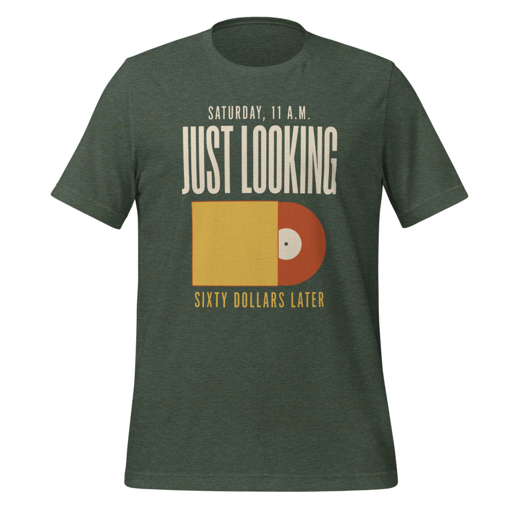 Just Looking Sixty Dollars Later vinyl record tee — Heather Forest, front