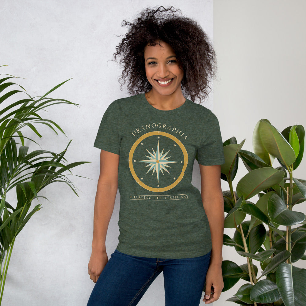 Uranographia vintage celestial chart astronomy tee — Heather Forest, on model