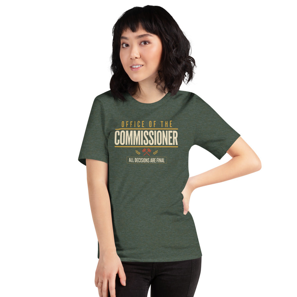 Office of the Commissioner fantasy football draft tee — Heather Forest, on model