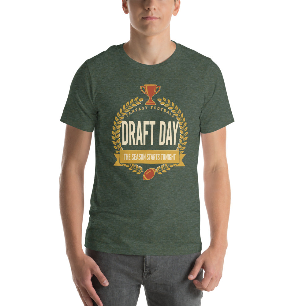 Draft Day Almanac vintage fantasy football draft tee — Heather Forest, on model