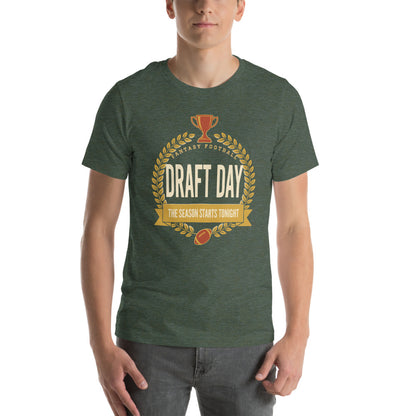 Draft Day Almanac vintage fantasy football draft tee — Heather Forest, on model