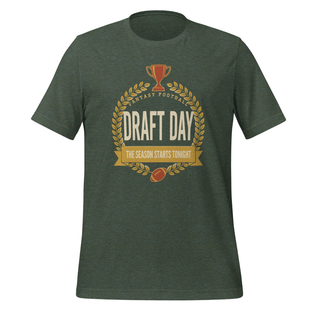 Draft Day Almanac vintage fantasy football draft tee — Heather Forest, front