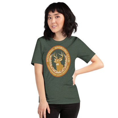 Whitetail Sporting Club vintage deer hunting tee — Heather Forest, on model