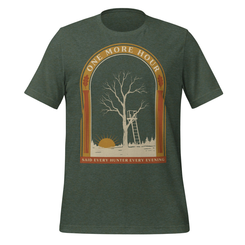 One More Hour funny deer hunting tee — Heather Forest, front