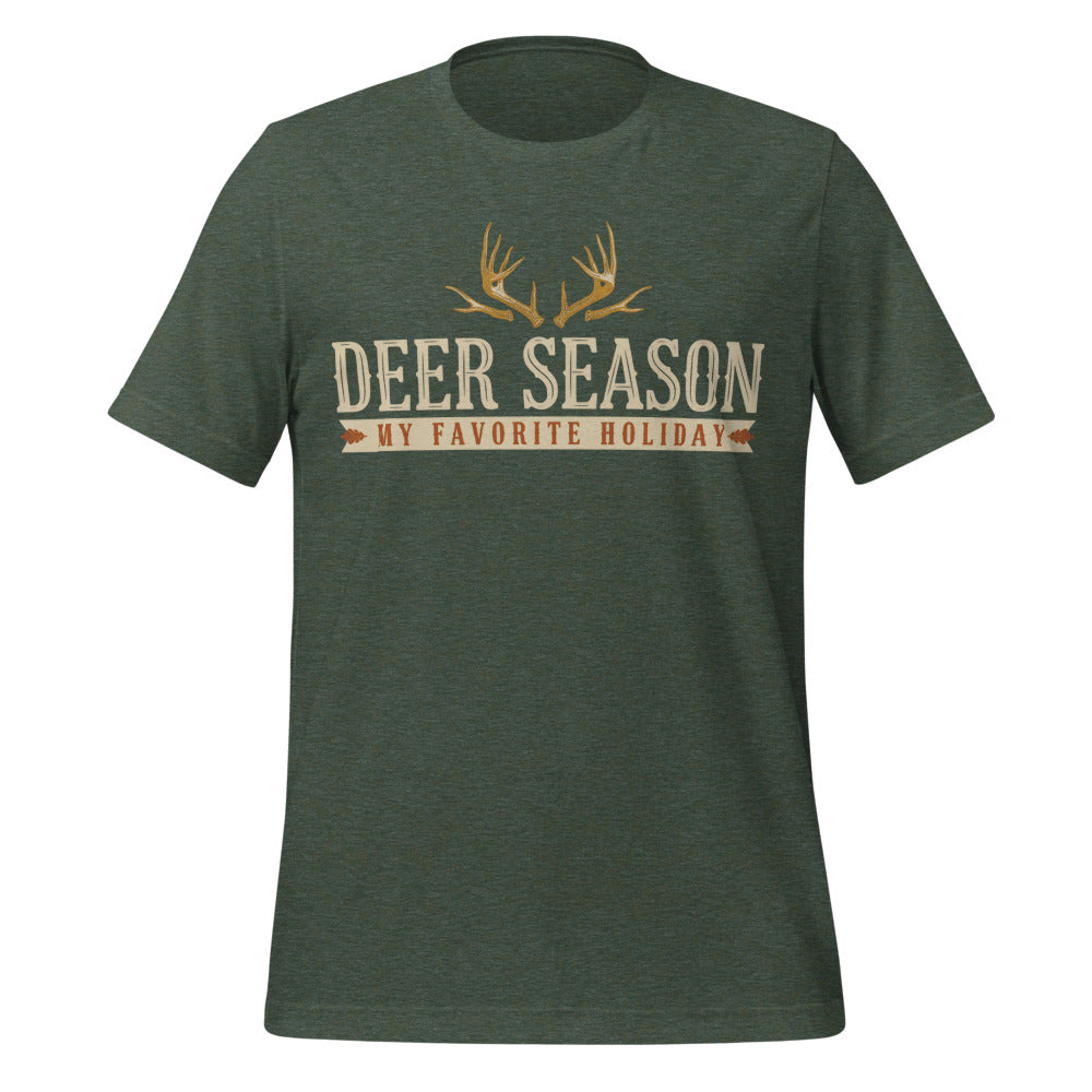Deer Season My Favorite Holiday deer hunting tee — Heather Forest, front