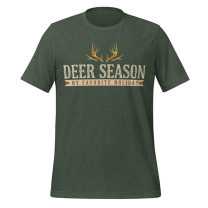 Deer Season My Favorite Holiday deer hunting tee — Heather Forest, front