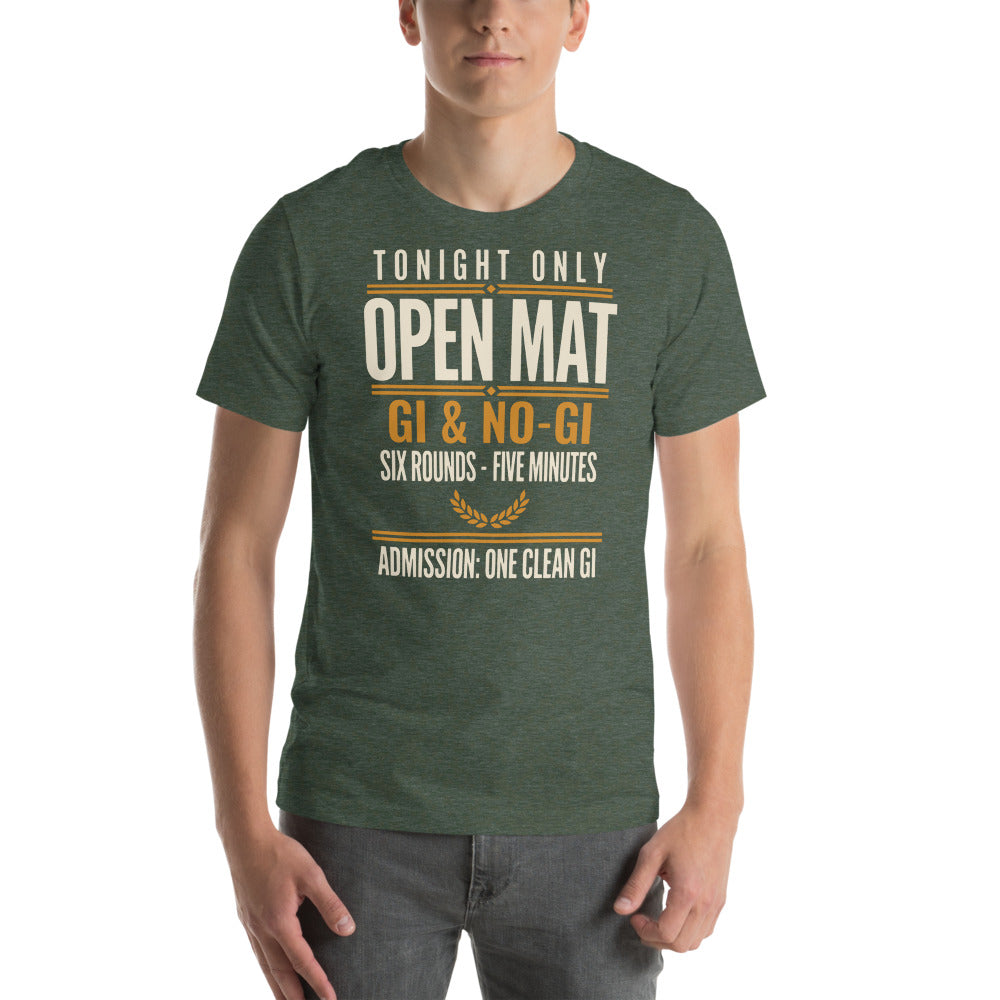 Open Mat Tonight Brazilian jiu jitsu t-shirt — Heather Forest, on model
