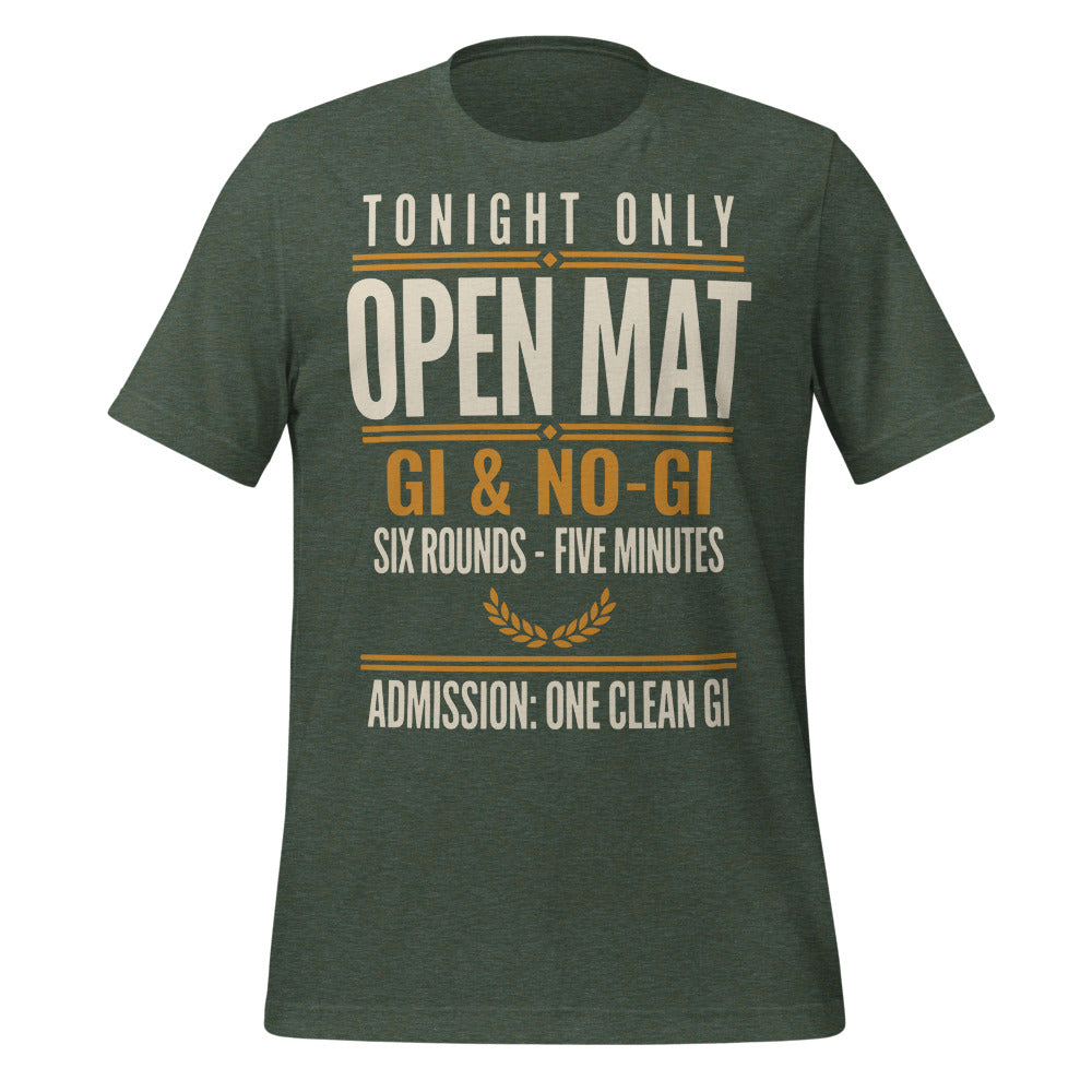 Open Mat Tonight Brazilian jiu jitsu t-shirt — Heather Forest, front