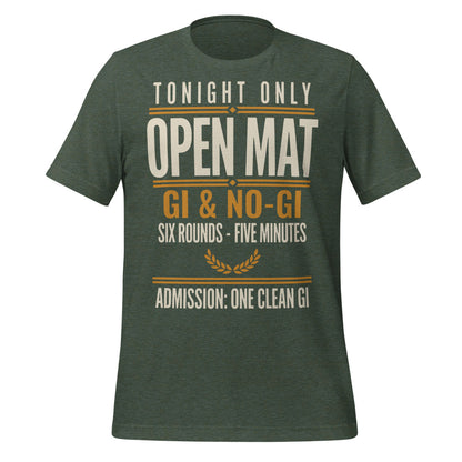 Open Mat Tonight Brazilian jiu jitsu t-shirt — Heather Forest, front