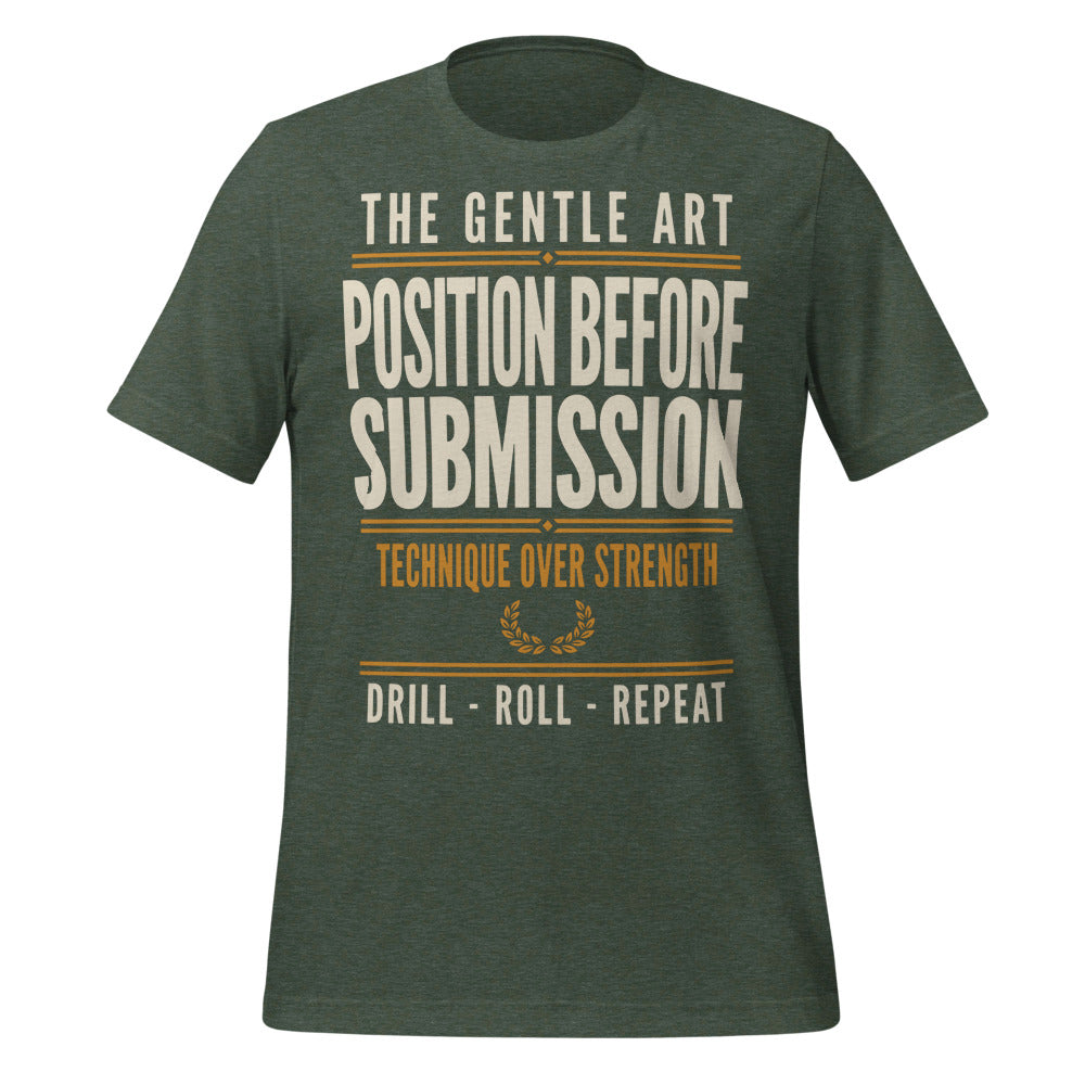 Position Before Submission Brazilian jiu jitsu t-shirt — Heather Forest, front