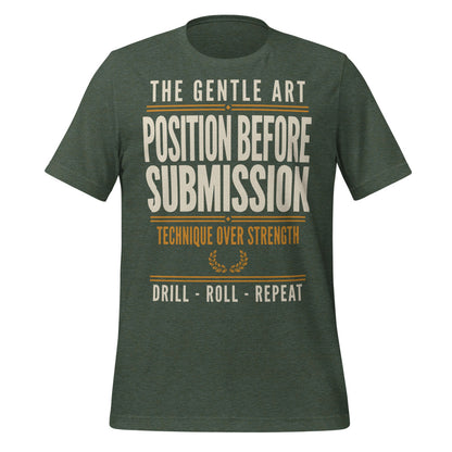 Position Before Submission Brazilian jiu jitsu t-shirt — Heather Forest, front
