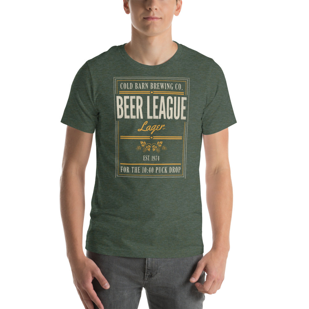 Beer League Cold Barn Brewing lager t-shirt — Heather Forest, on model
