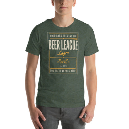 Beer League Cold Barn Brewing lager t-shirt — Heather Forest, on model