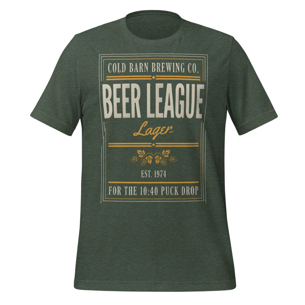 Beer League Cold Barn Brewing lager t-shirt — Heather Forest, front