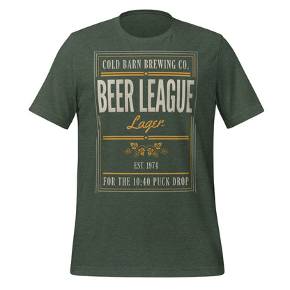 Beer League Cold Barn Brewing lager t-shirt — Heather Forest, front