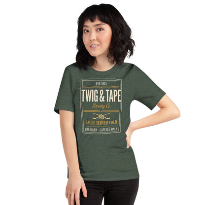 Twig and Tape Brewing Co. beer league hockey t-shirt — Heather Forest, on model
