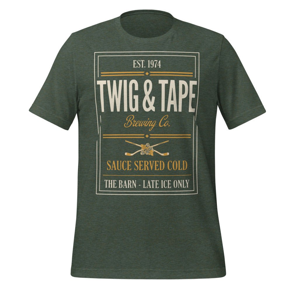 Twig and Tape Brewing Co. beer league hockey t-shirt — Heather Forest, front