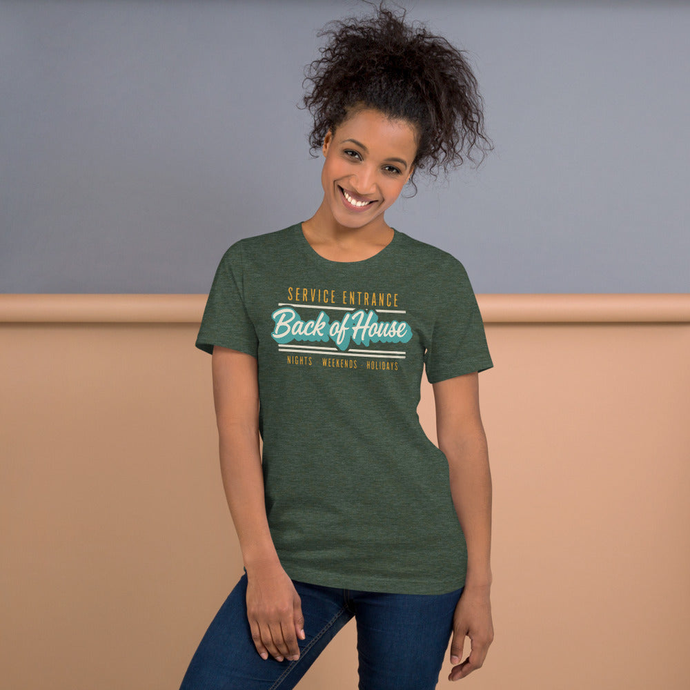 Line Cook Back of House retro diner service sign t-shirt — Heather Forest, on model