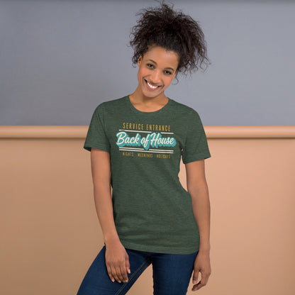Line Cook Back of House retro diner service sign t-shirt — Heather Forest, on model