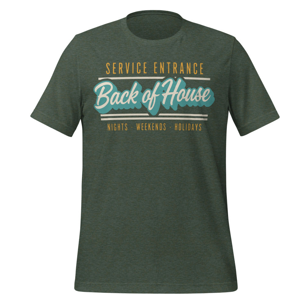 Line Cook Back of House retro diner service sign t-shirt — Heather Forest, front
