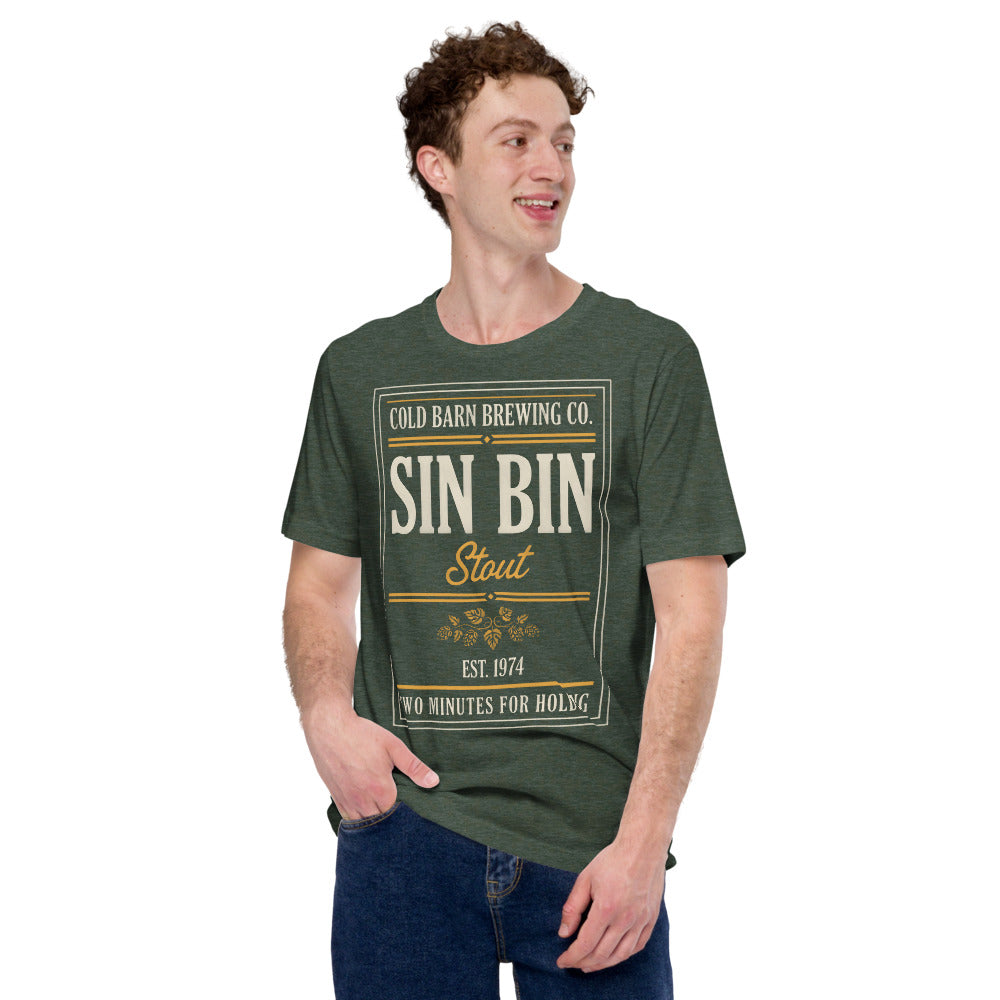 Beer League Sin Bin Stout brewery label t-shirt — Heather Forest, on model
