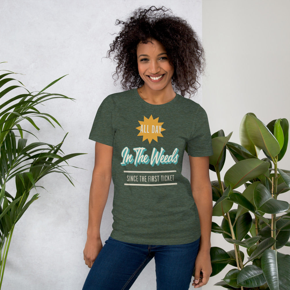 In The Weeds line cook retro diner service sign t-shirt — Heather Forest, on model