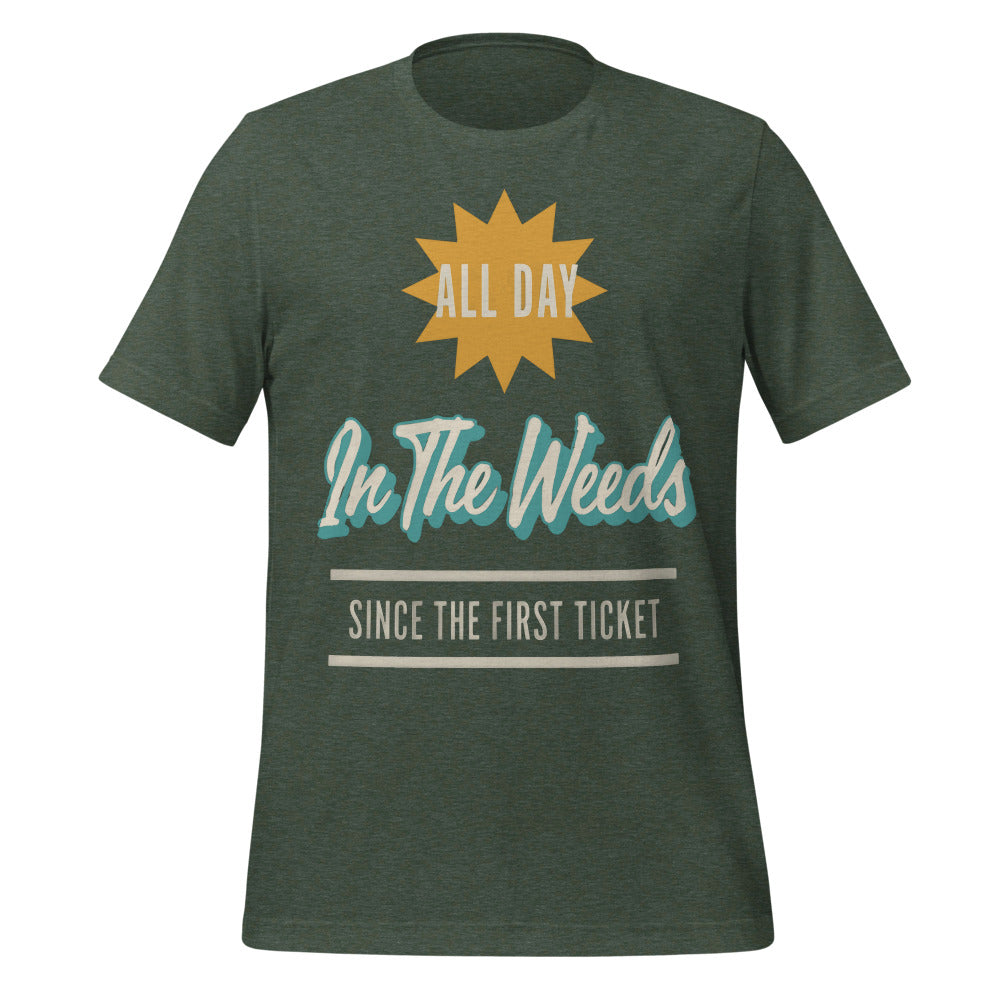 In The Weeds line cook retro diner service sign t-shirt — Heather Forest, front