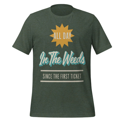 In The Weeds line cook retro diner service sign t-shirt — Heather Forest, front