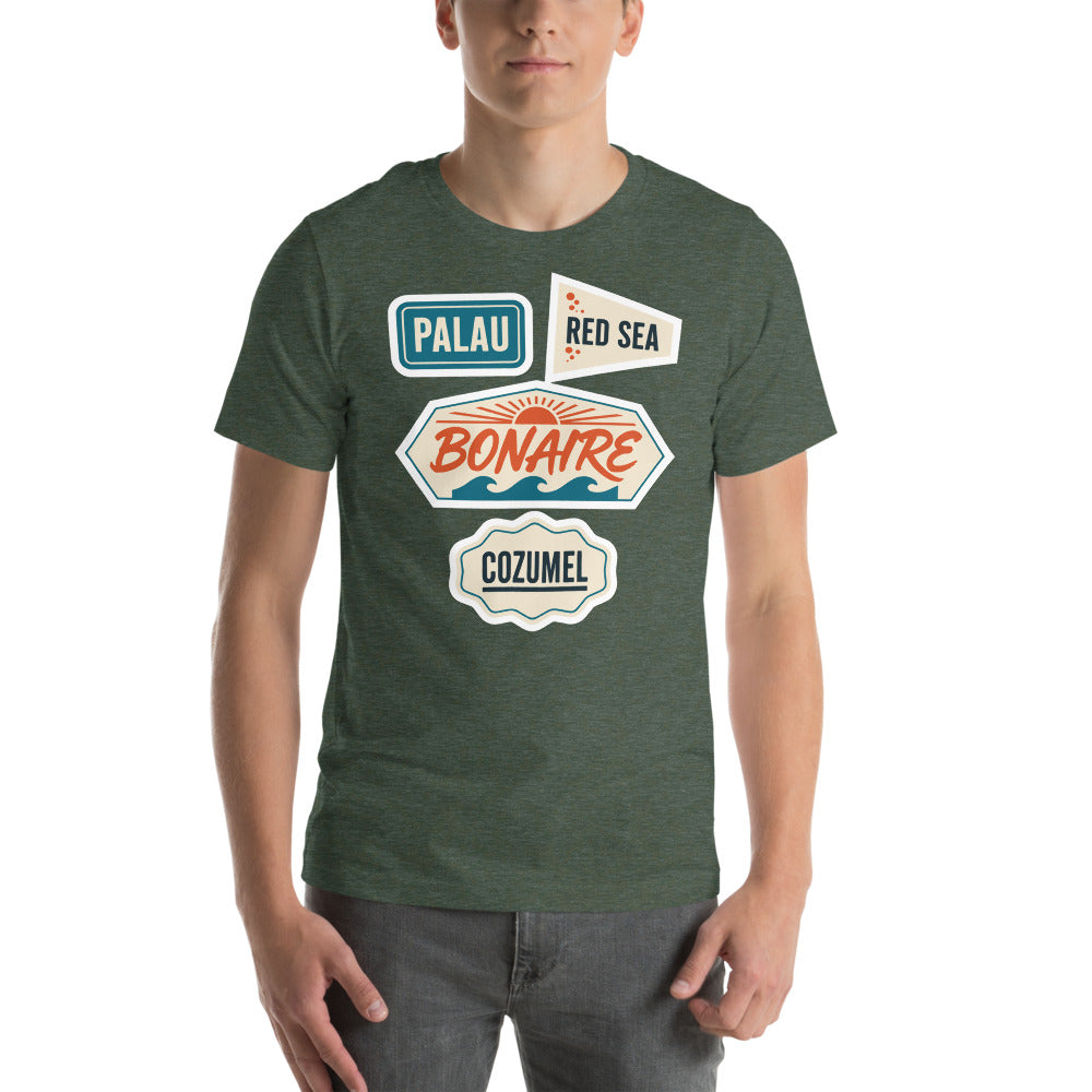 Vintage scuba diving dive sites travel decal t-shirt — Heather Forest, on model