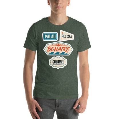 Vintage scuba diving dive sites travel decal t-shirt — Heather Forest, on model