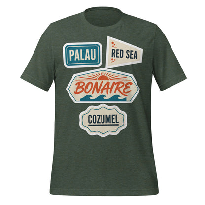 Vintage scuba diving dive sites travel decal t-shirt — Heather Forest, front