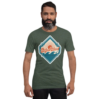 Surface Interval vintage scuba diving travel decal t-shirt — Heather Forest, on model