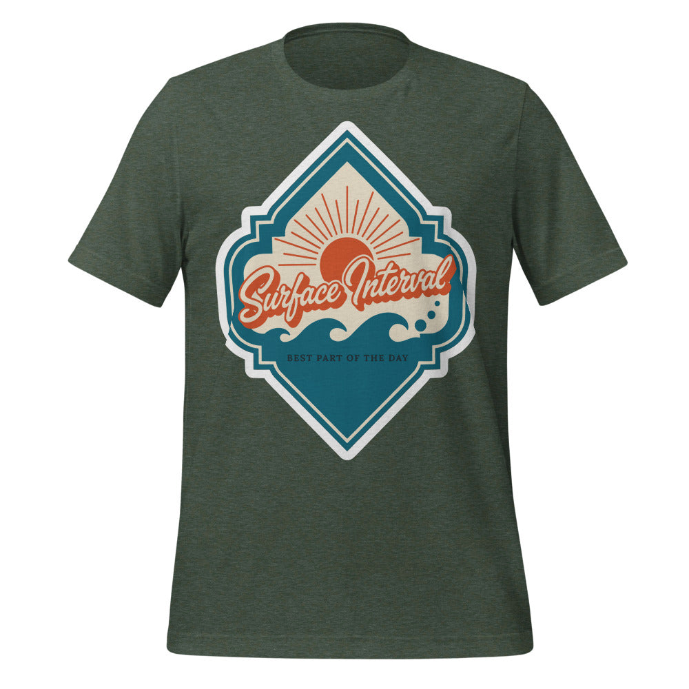 Surface Interval vintage scuba diving travel decal t-shirt — Heather Forest, front