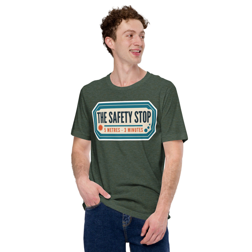 The Safety Stop vintage scuba diving travel decal t-shirt — Heather Forest, on model