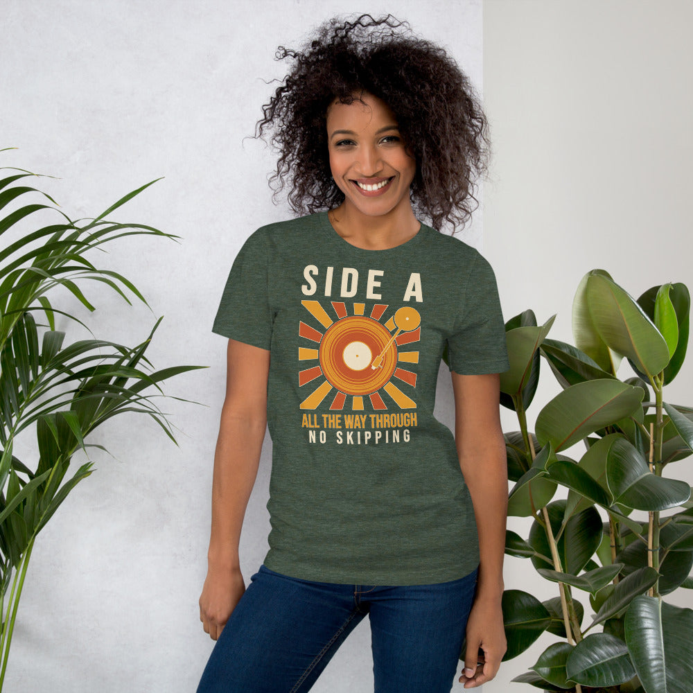 Side A No Skipping vinyl record tee — Heather Forest, on model