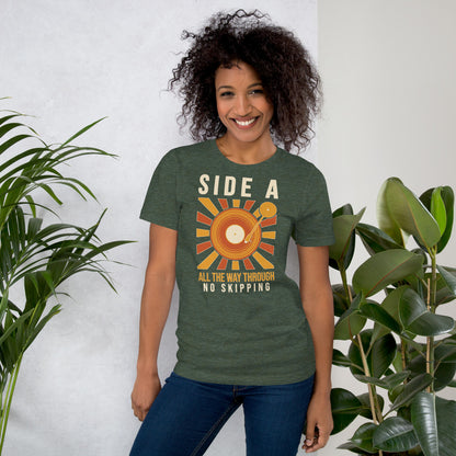 Side A No Skipping vinyl record tee — Heather Forest, on model