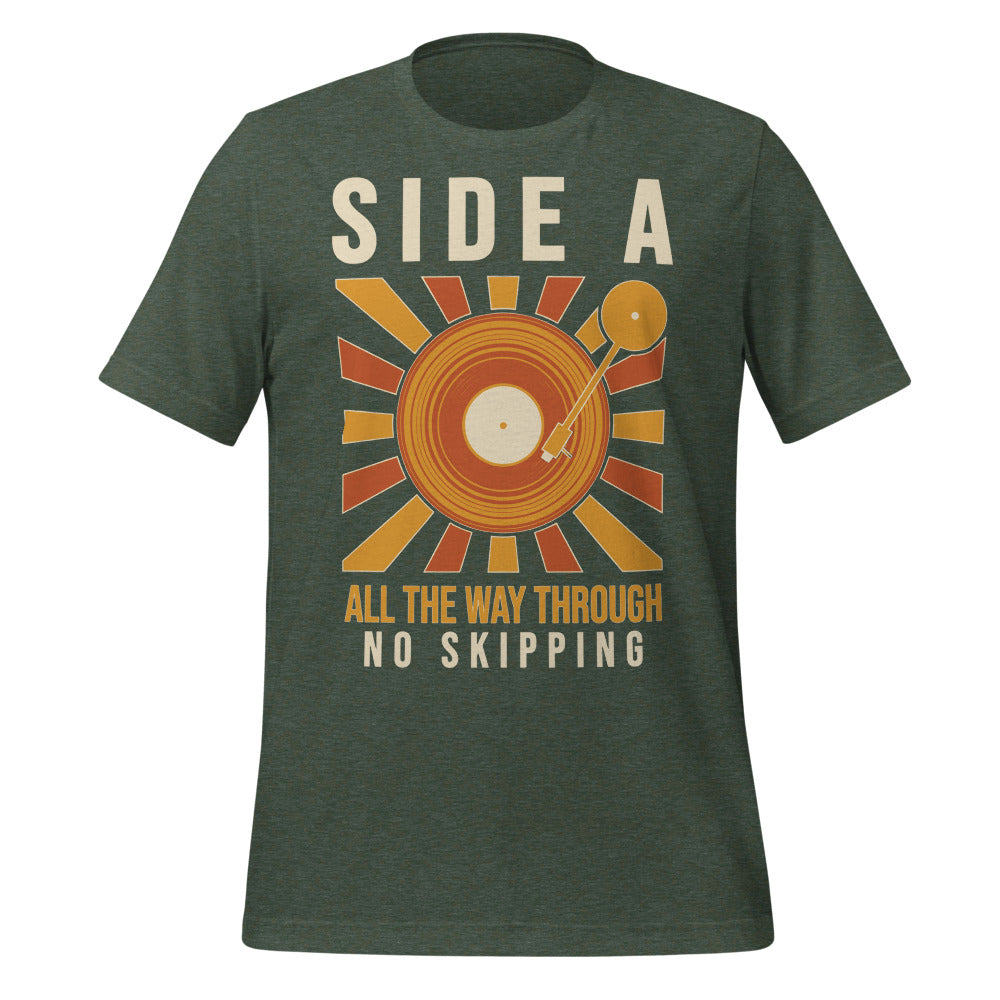 Side A No Skipping vinyl record tee — Heather Forest, front