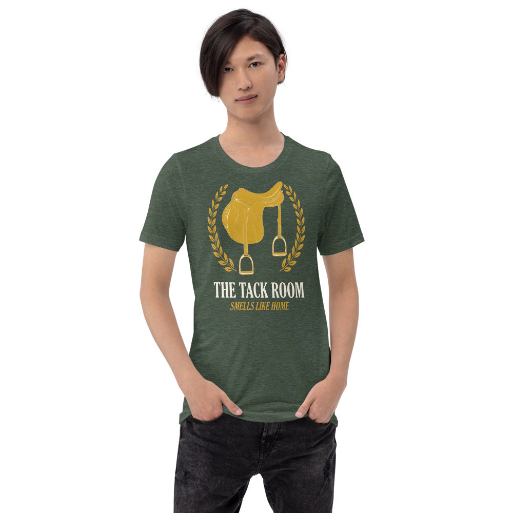 The Tack Room engraved equestrian saddle crest t-shirt — Heather Forest, on model