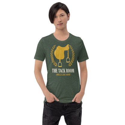 The Tack Room engraved equestrian saddle crest t-shirt — Heather Forest, on model