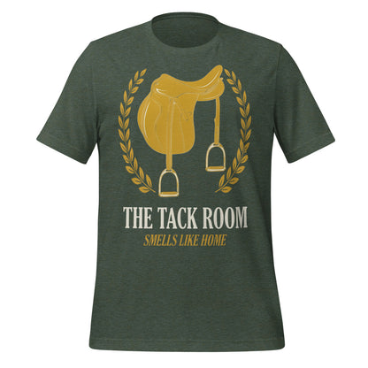 The Tack Room engraved equestrian saddle crest t-shirt — Heather Forest, front
